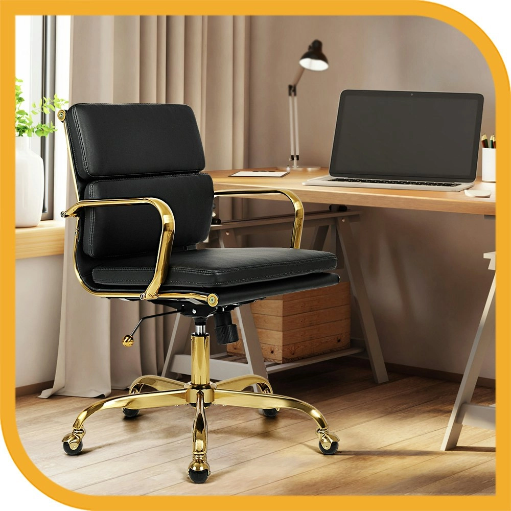 Furb Office Chair Executive Mid-Back Thick Padded PU Leather Work Study Blk Gd Eames Replica