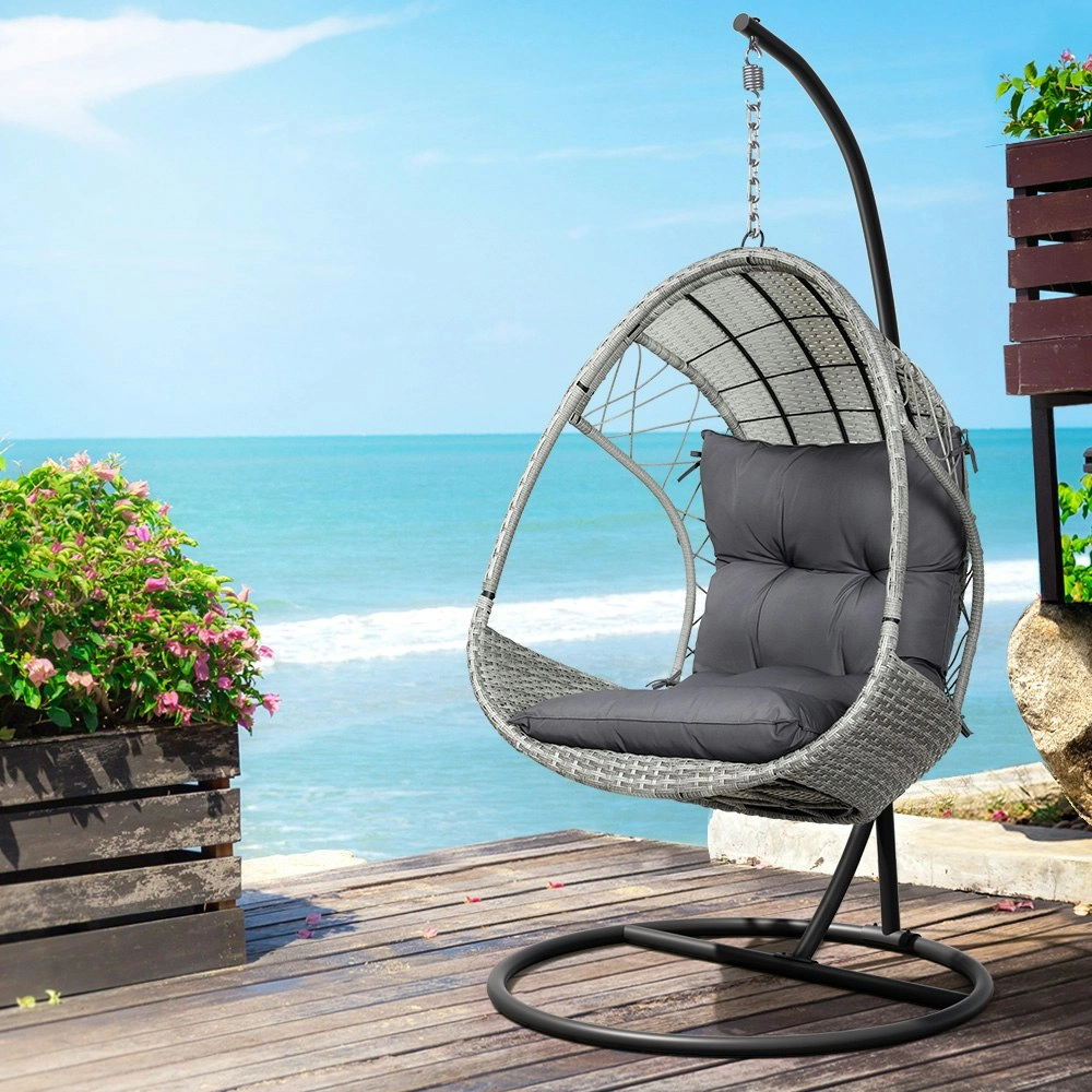 Gardeon Outdoor Egg Swing Chair Wicker Furniture Pod Stand Armrest Light Grey