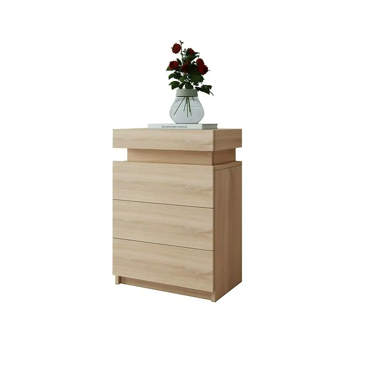 Ausway Oak Modern Nightstand Bedside Tables 3 Drawers High Gloss Front