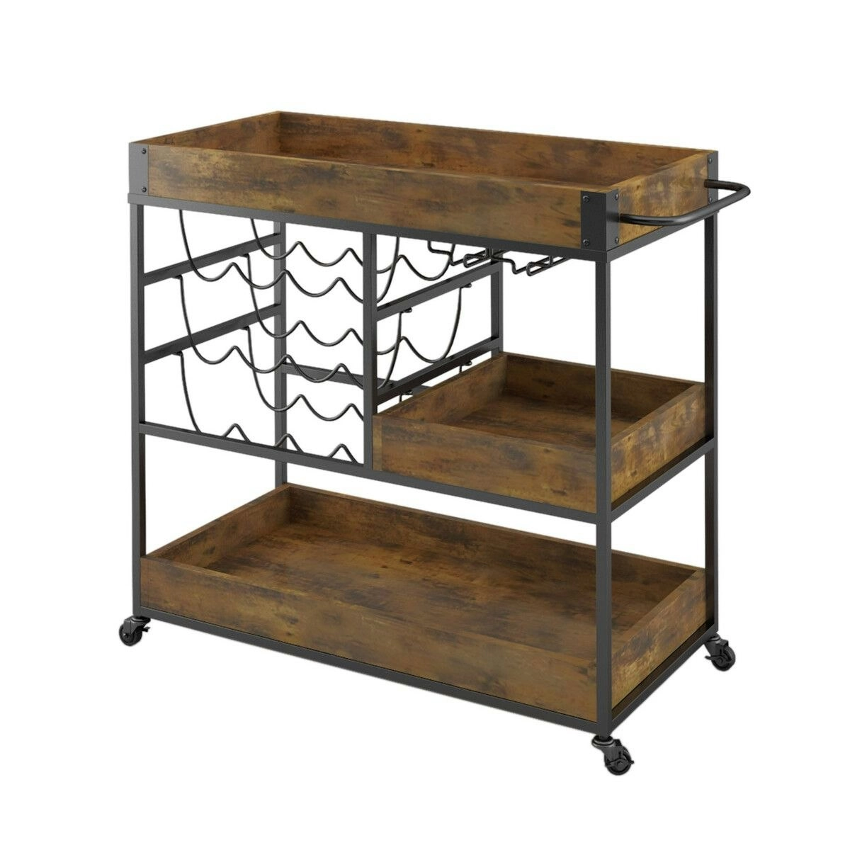 Ausway 3 Tier Bar Cart Drinks Trolley with Wine Racks Wine Coffee Tea Kitchen Serving Outdoor Storage Shelves 4 Wheels