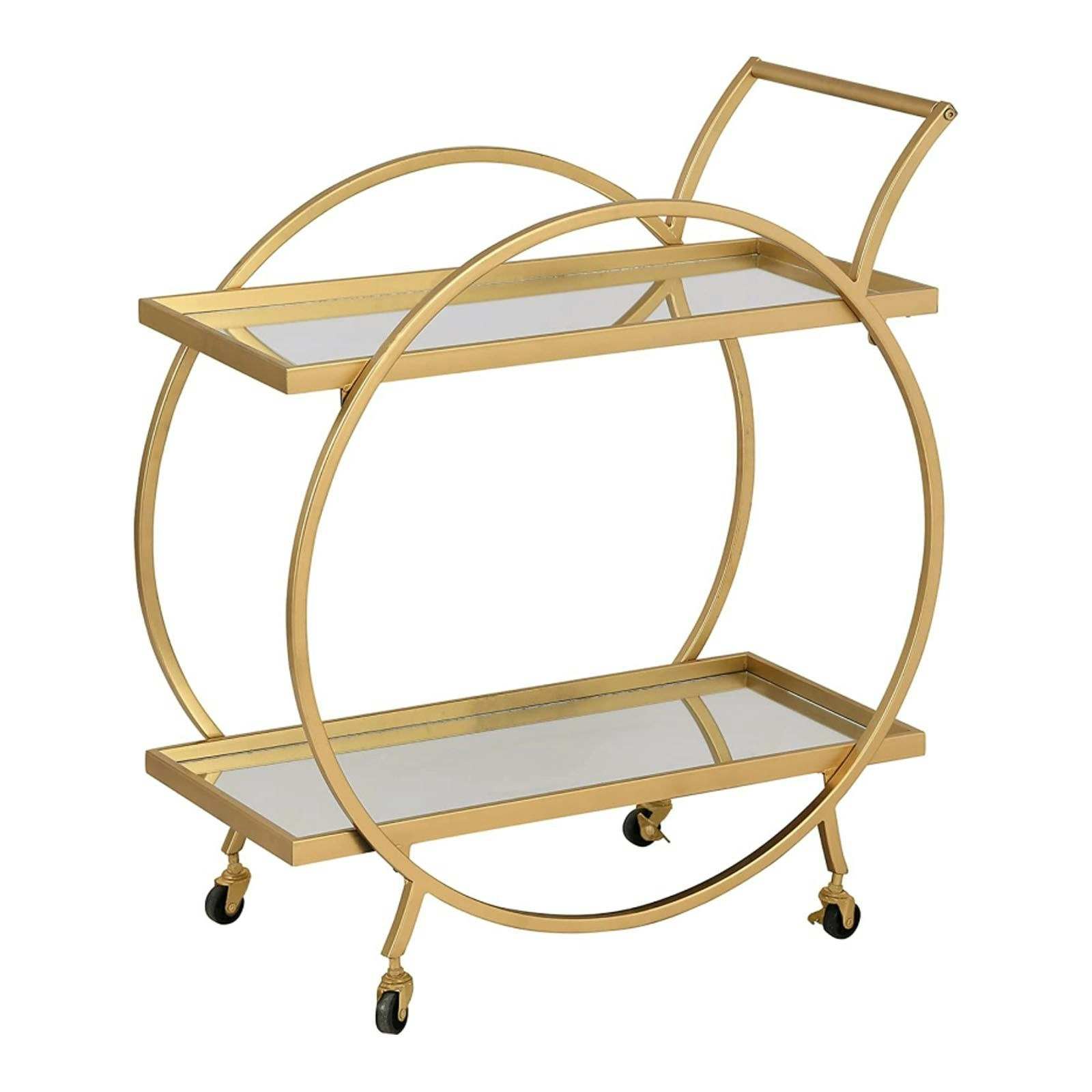 Ausway Gold Bar Cart Drinks Trolley Coffee Wine Tea Kitchen Serving Rack Round Outdoor Shelf Vintage with 2 Mirror Shelves Handle