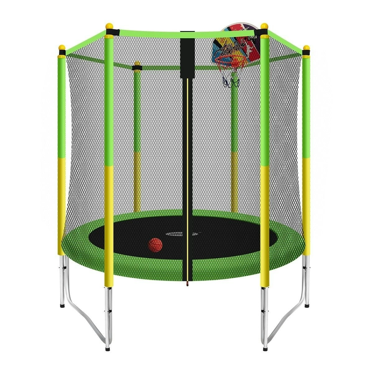 Genki  60 Inch Kids Round Trampoline with Safety Enclosure & Basketball Hoop