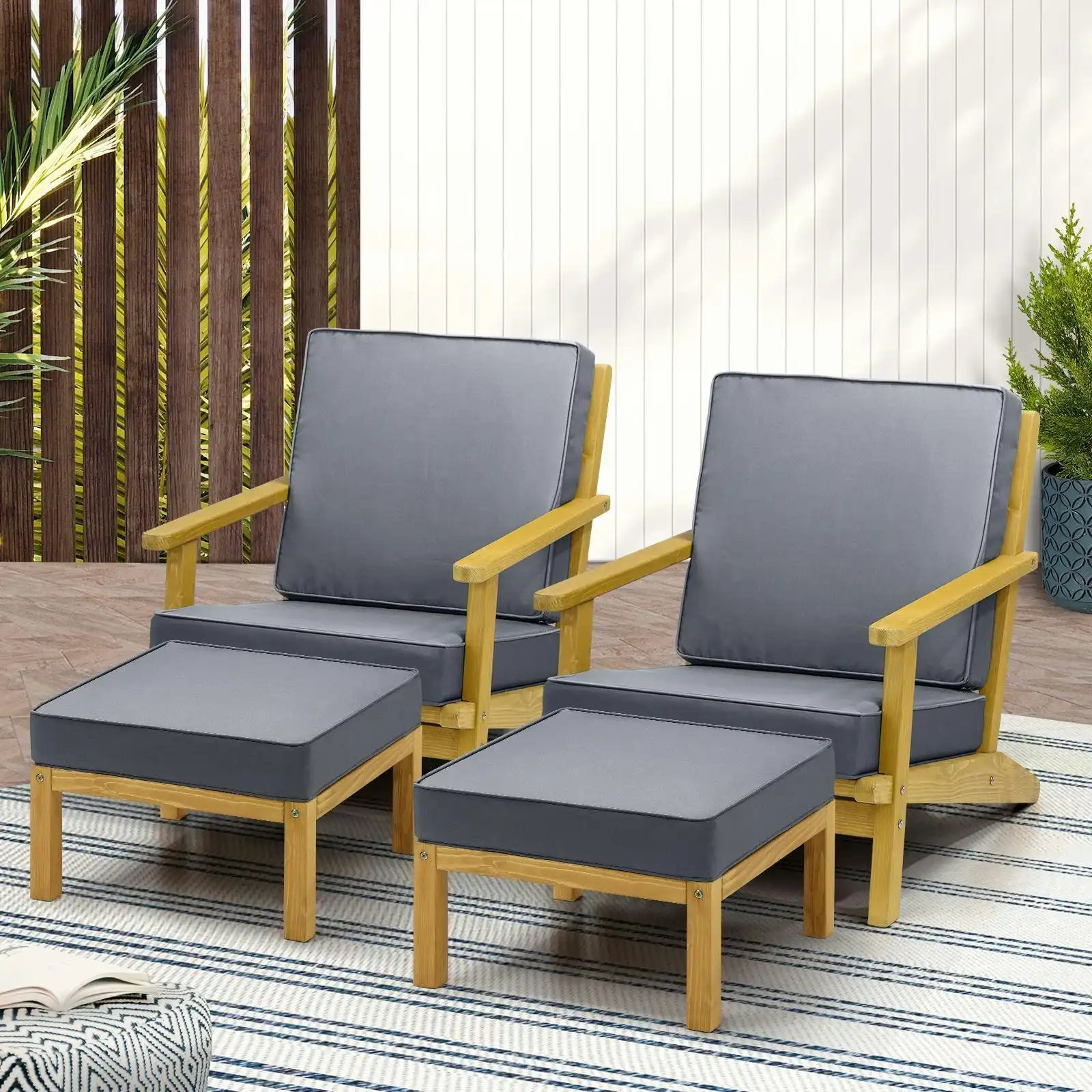 Livsip 2PCS Outdoor Armchair Furniture Sun Lounge Wooden Garden Sofa Foot Stool