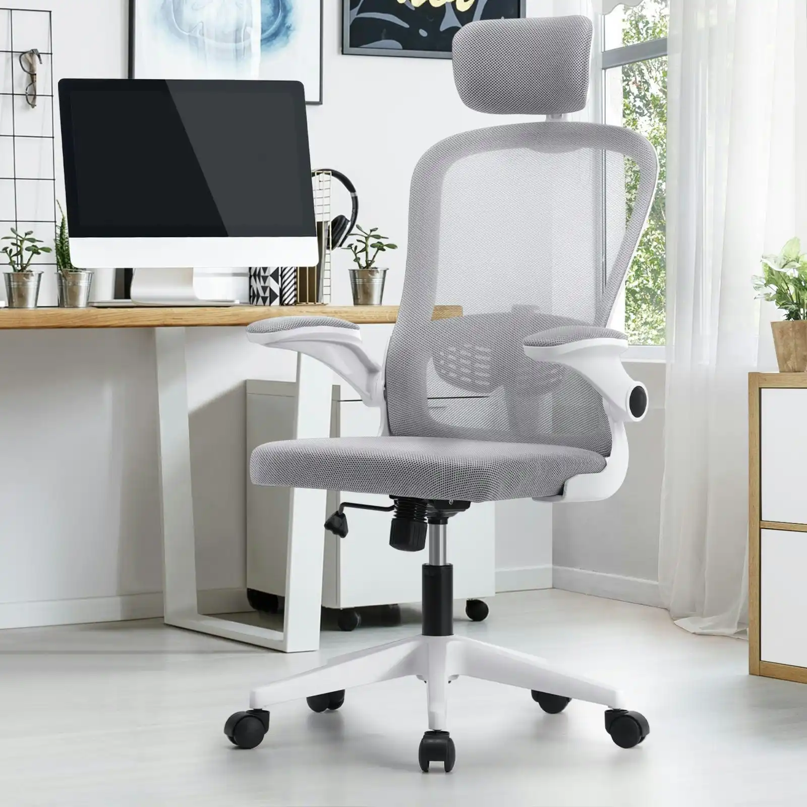 Oikiture Mesh Office Chair Executive Fabric Gaming Seat Racing Computer 1 White