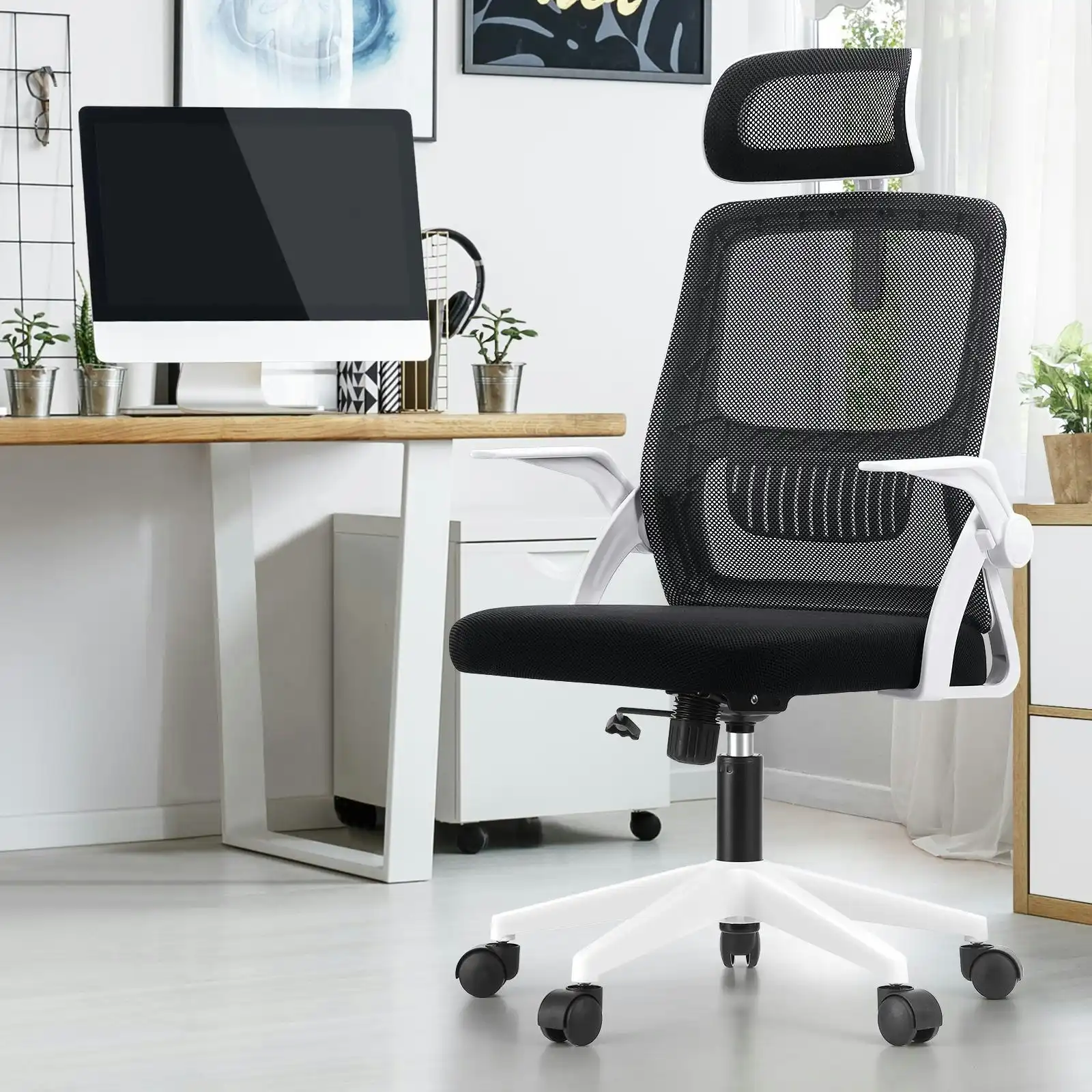 Oikiture Mesh Office Chair Executive Fabric Gaming Seat Racing Computer 1 White&Black