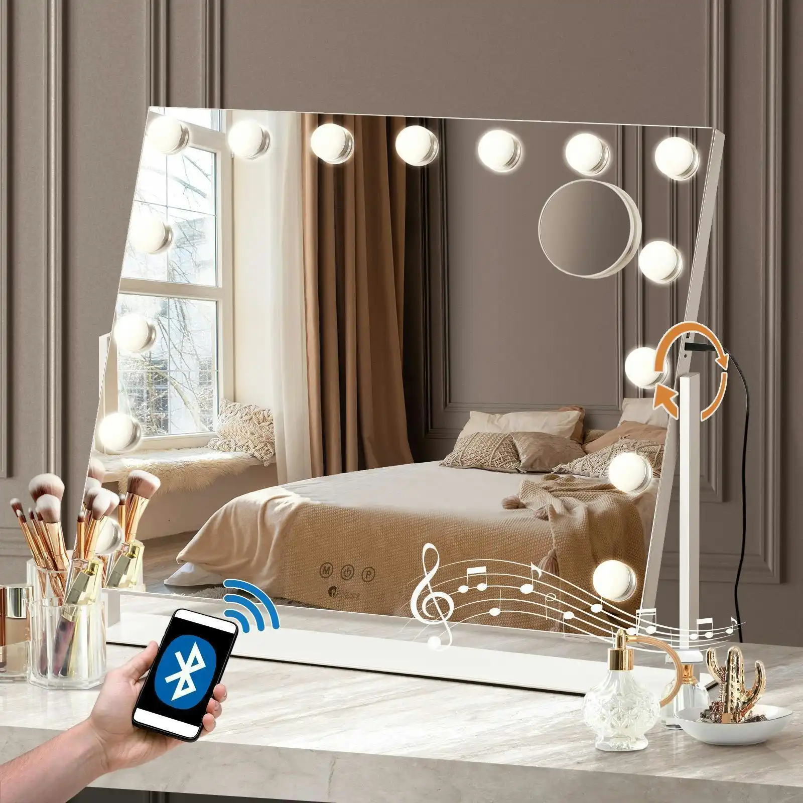 Oikiture 62x50cm Rotatable Hollywood Makeup Mirrors with LED Lights Bluetooth Vanity