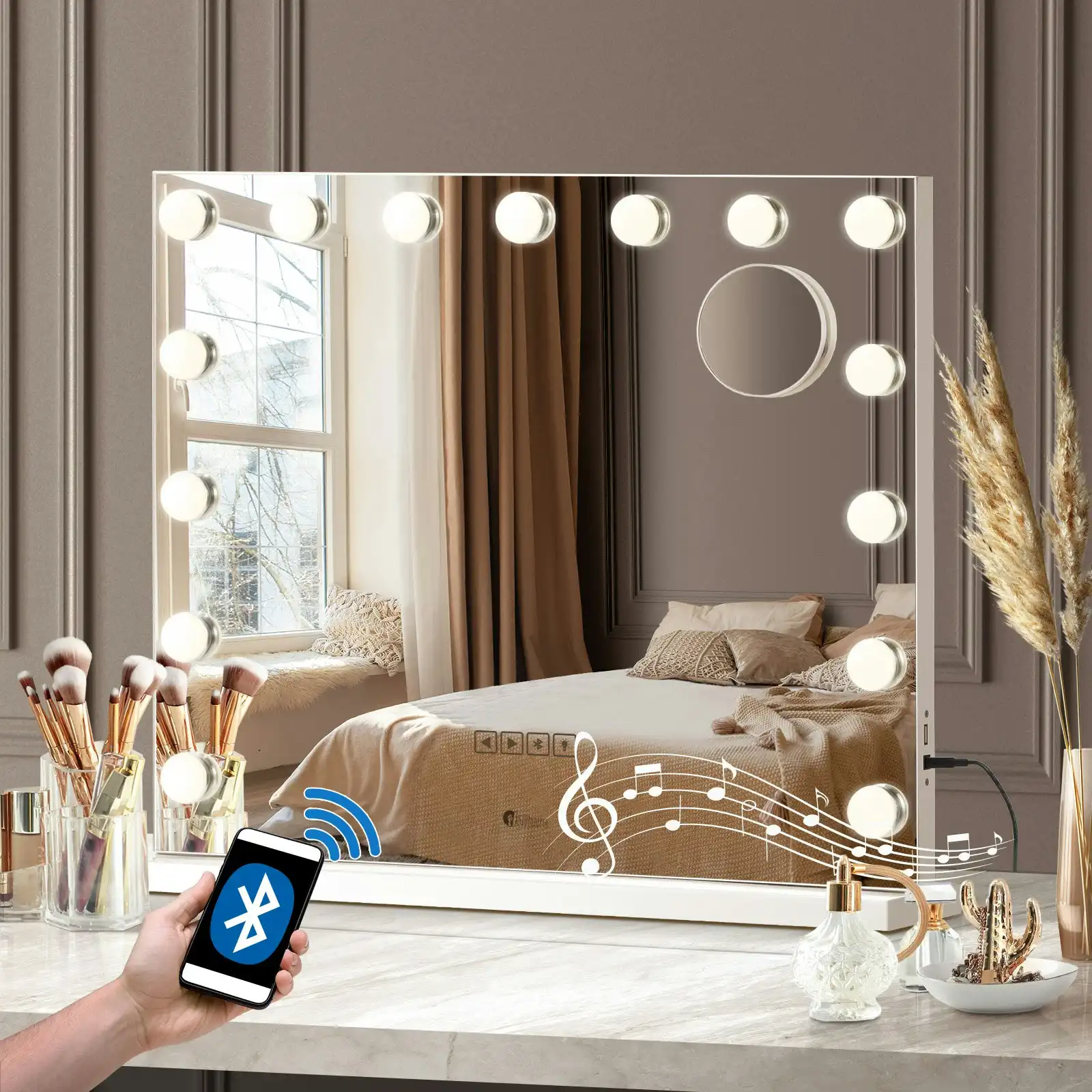 Oikiture 59x48cm Bluetooth Hollywood Makeup Mirrors with LED Light Vanity Mirror