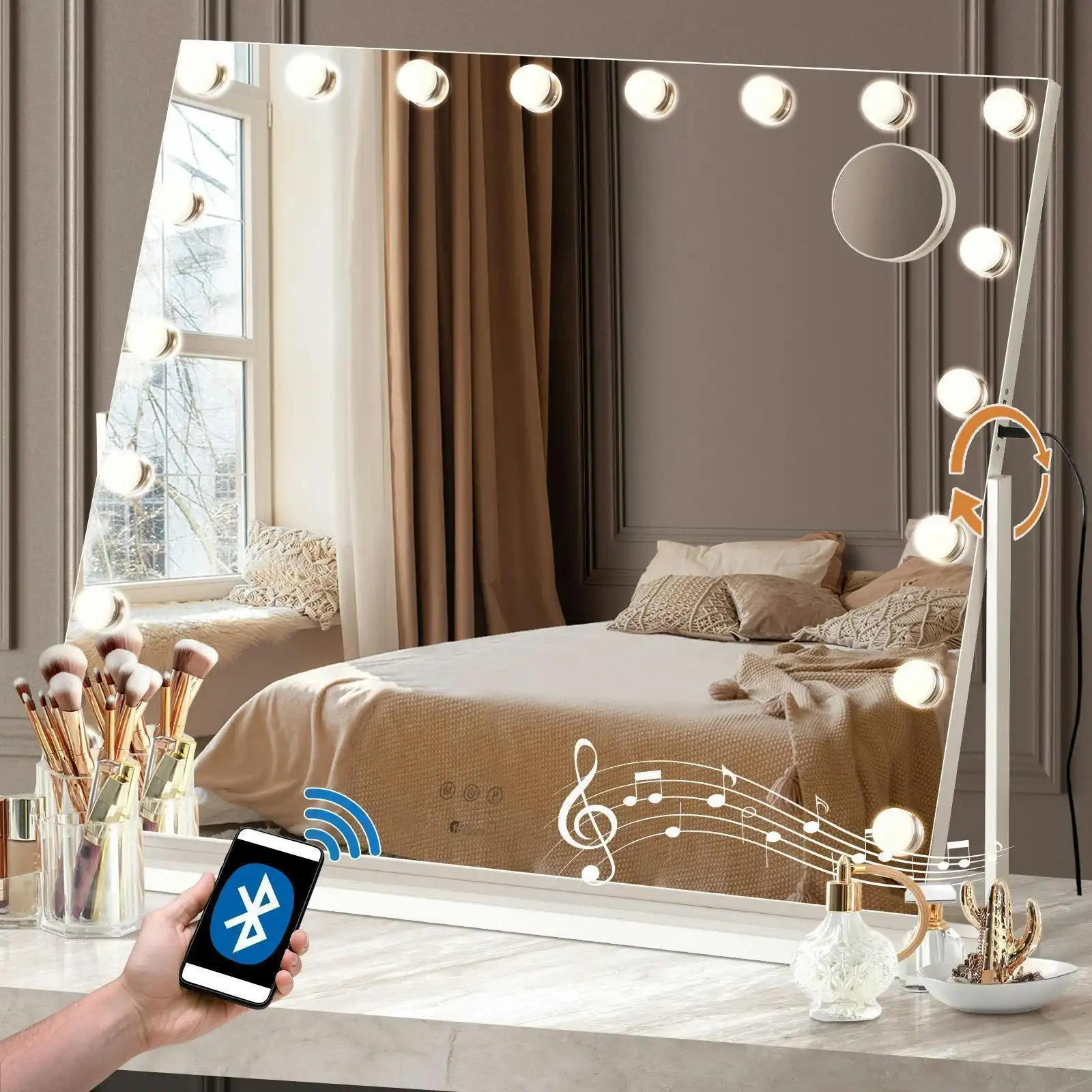 Oikiture 83x69cm Makeup Mirror Rotatable Bluetooth LED Hollywood Mirrors Magnifying
