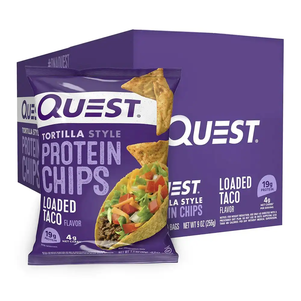 8PK Quest Protein Chips/Tortilla Snack Box Healthy Low Loaded Taco Flavoured 32g