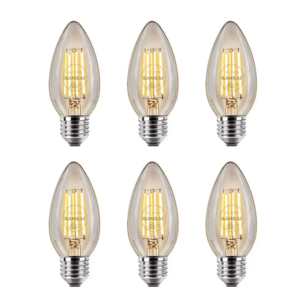 6x Sansai LED 230lm Candle Filament Smoky Glass Light Bulb C35 4W E27 Warm White