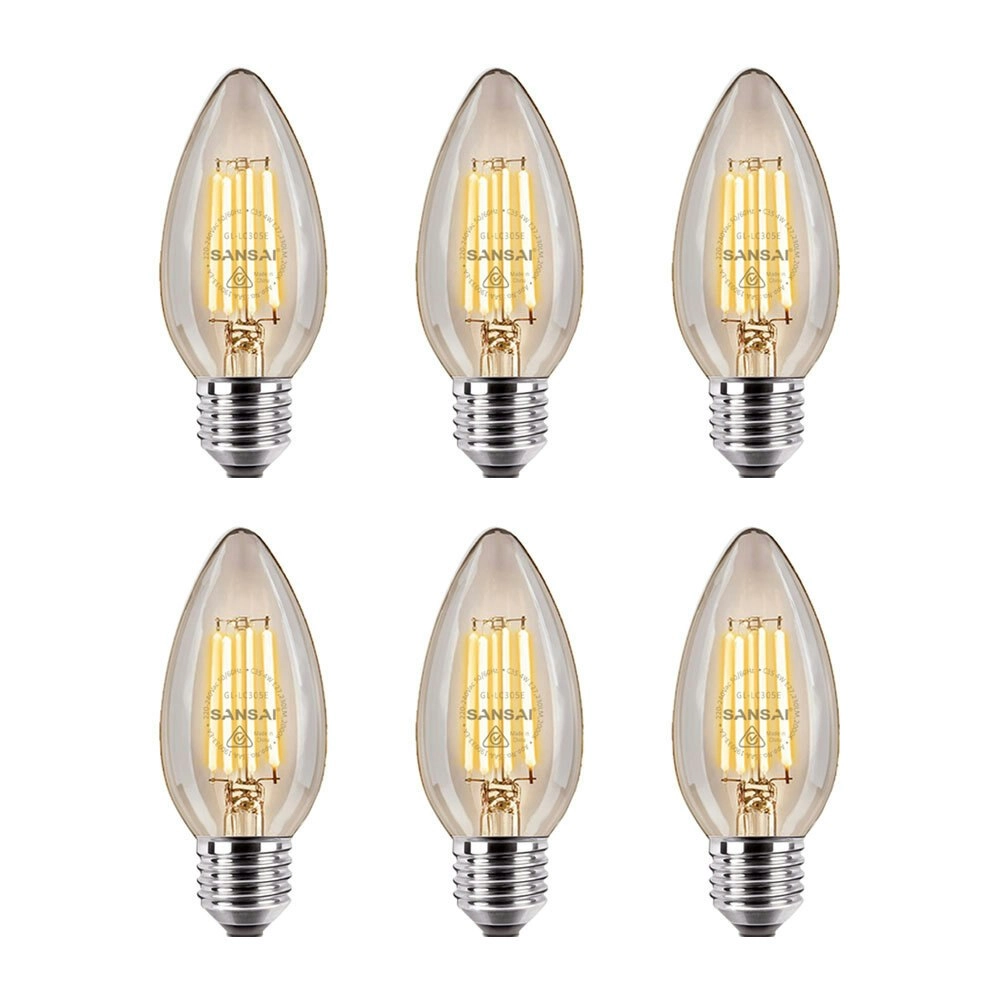 6x Sansai LED 230lm Candle Filament Smoky Glass Light Bulb C35 4W E27 Warm White