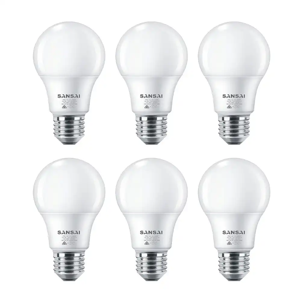 6x Sansai Home/Office LED 595lm Screw In Light Bulb A60 7W E27 Warm White 3000K