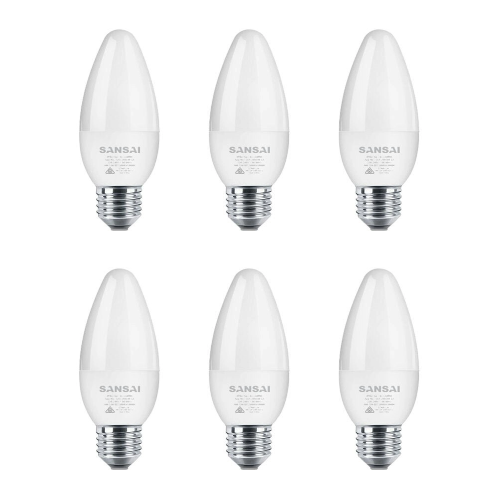 6x Sansai Home LED 425lm Screw Light Bulb C37 5W E27 Candle Warm White 3000K