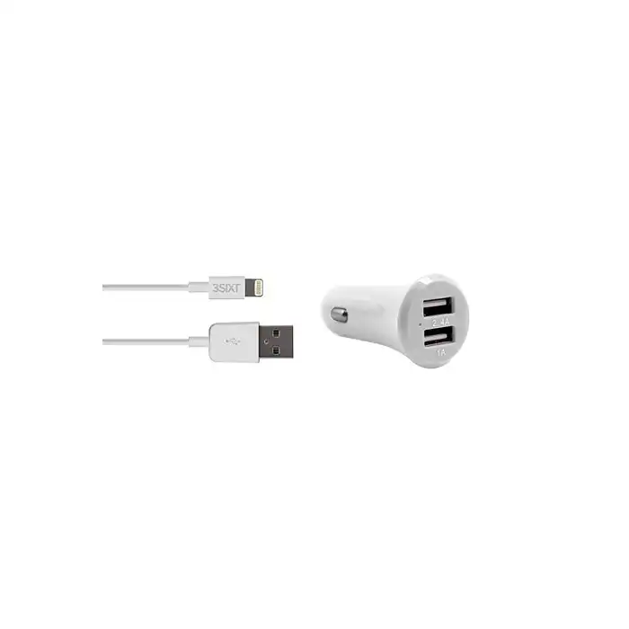 3sixT Dual Port USB-A Car Charger 3.4A  MFI-Certified Lightning USB-A Dual White