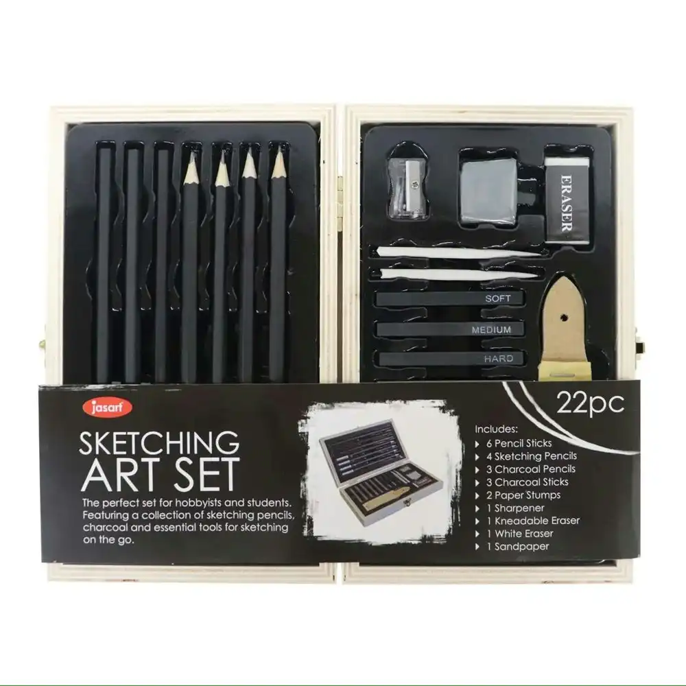 22pc Jasart Pencil/Charcoal Sketching Drawing Art/Craft Set w/ Wooden Travel Box