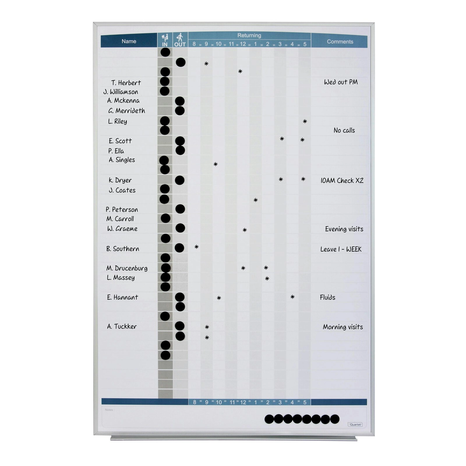 Quartet 86.5x58cm Magnetic In/Out Matrix Personnel Whiteboard w/ Dots/Marker