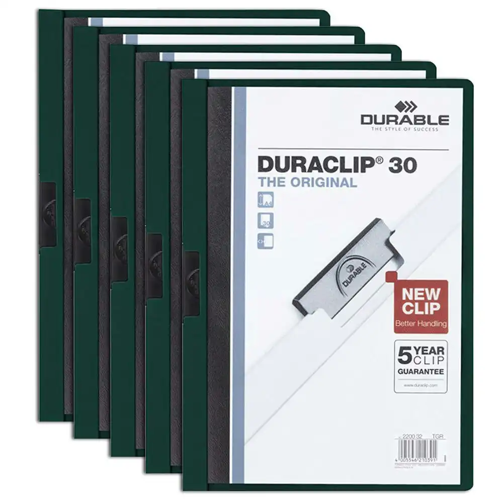 5x Durable Duraclip 30-Sheet A4 Document File Holder w/Transparent Cover Green