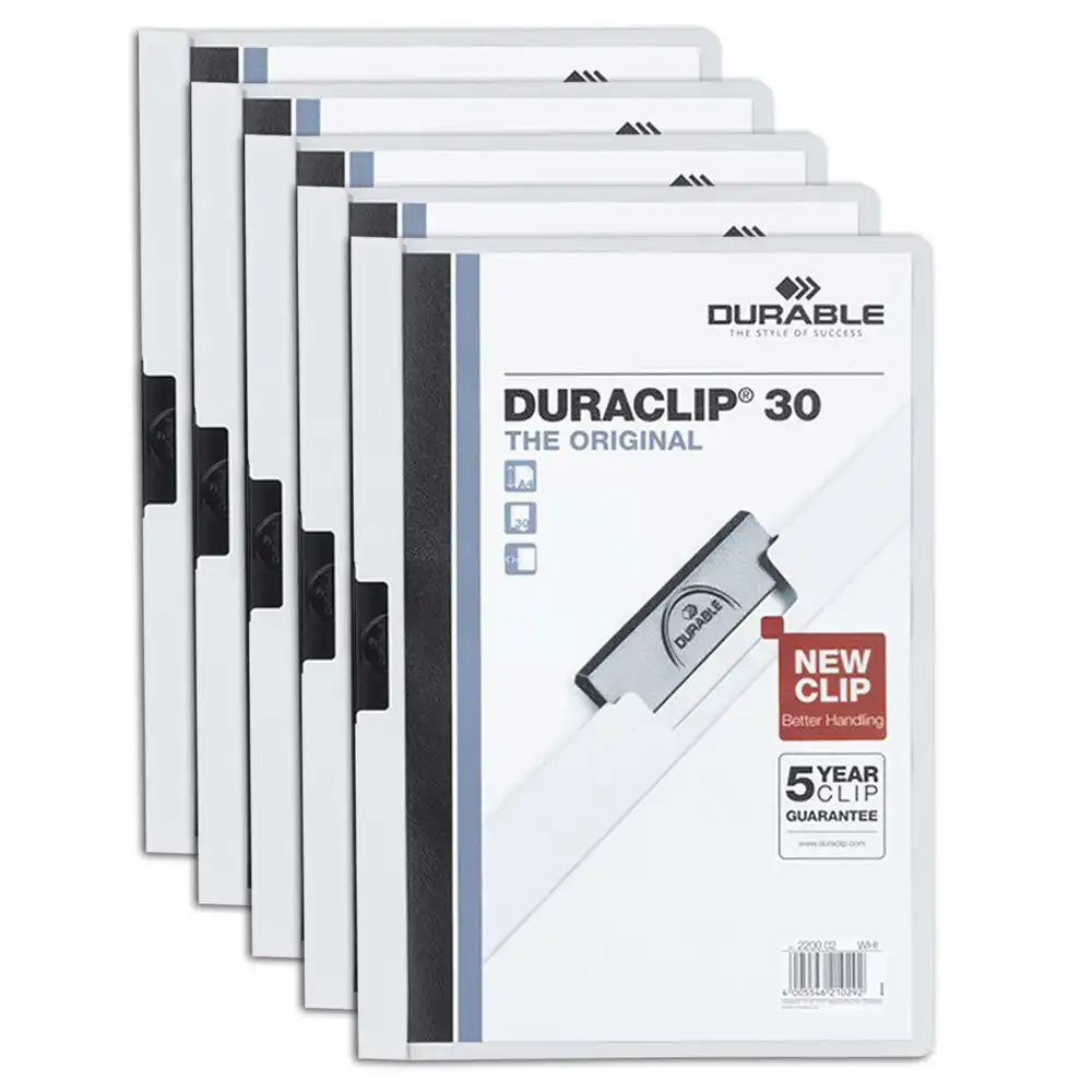 5x Durable Duraclip 30-Sheet A4 Document File Folder Stationery Organiser White