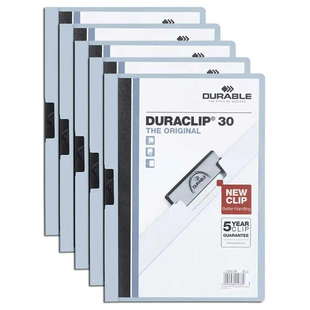 5x Durable Duraclip 30-Sheet A4 Document Folder Stationery Paper Organiser Blue