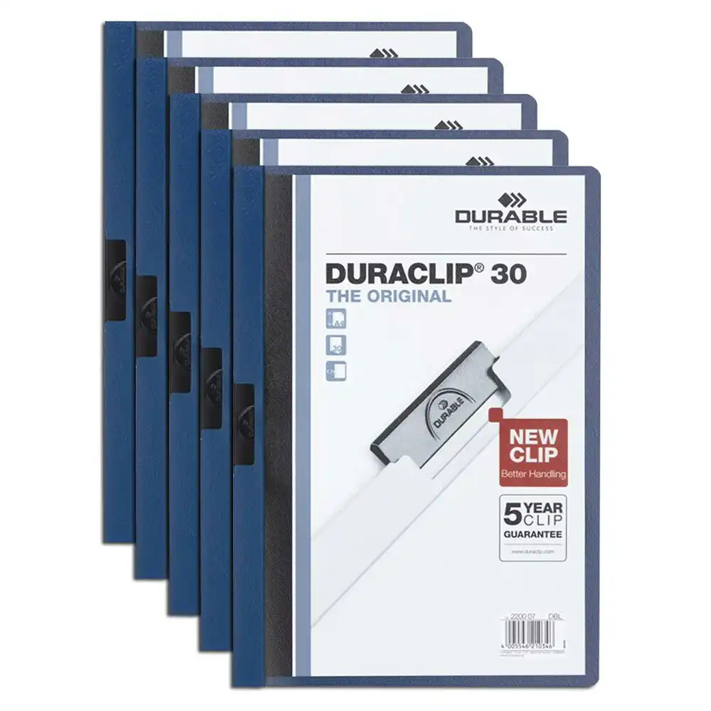 5x Durable Duraclip 30-Sheet A4 Document File Folder Stationery Organiser Blue