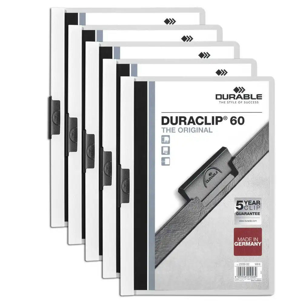 4x Durable Duraclip 60-Sheet A4 Document File Folder Stationery Organiser White