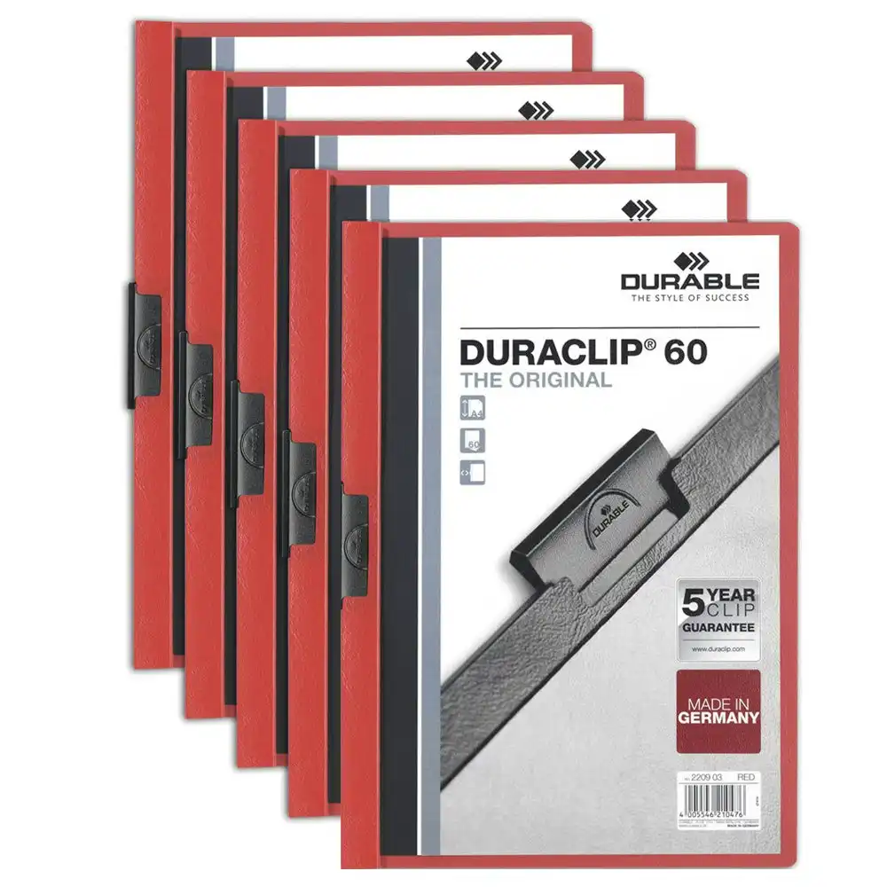 4x Durable Duraclip 60-Sheet A4 Document Folder Stationery Paper Organiser Red