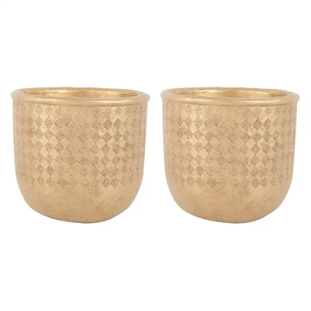 2x Maine and Crawford Minnie Embossed 18cm Cement Pot Planter Home Decor Gold