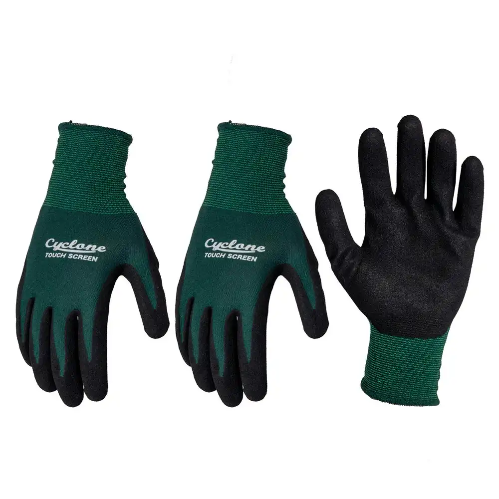 3x Cyclone Size Medium Gardening Gloves Touch Screen Compatible Nylon Green/BLK