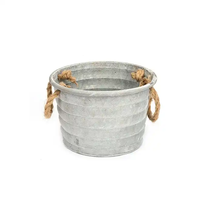 Zinc Tub 25cm Storage Container w/ Rope Handles Garden Home Decor Small Silver