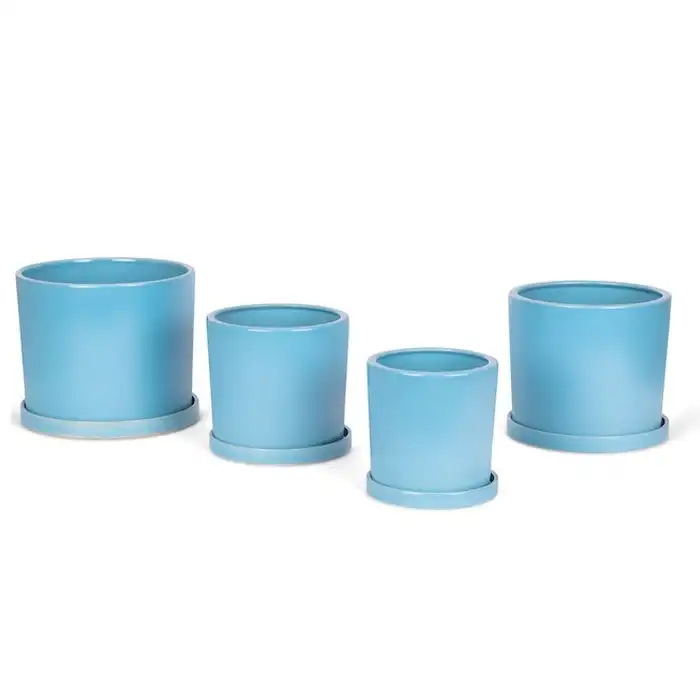 4pc Cylindrical Pot Planter Container w/ Saucer Set Garden Home Decor Mid Blue