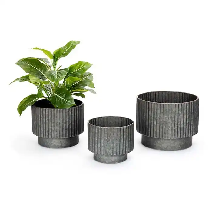 3pc Pot Round Ribbed Outdoor Vase/Planter Yard/Patio Home Garden Decor Charcoal