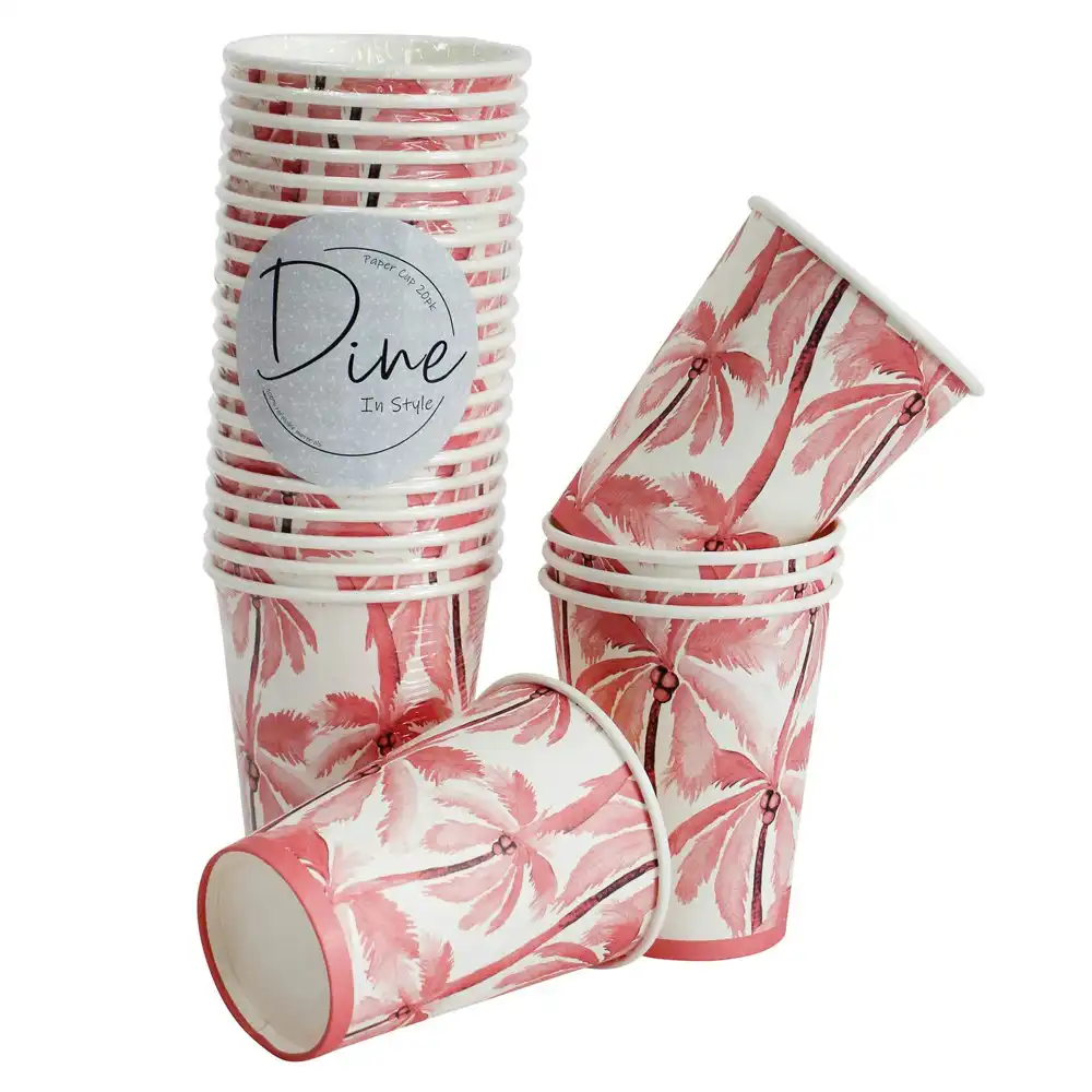 60pc Round 11cm Disposable Paper Cup Dinner Party Drinkware Palm Trees Pink