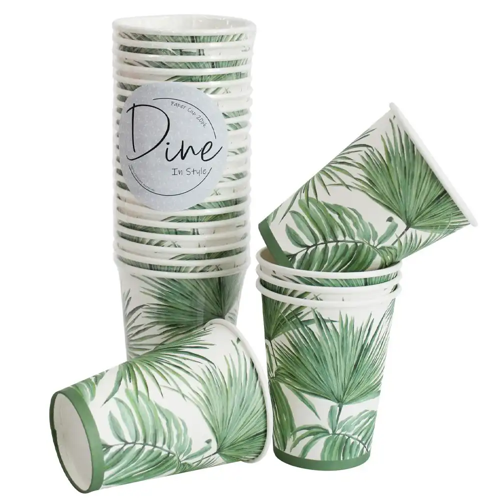 60pc Round 11cm Disposable Paper Cup Dinner Party Drinkware Tropics Trees Green