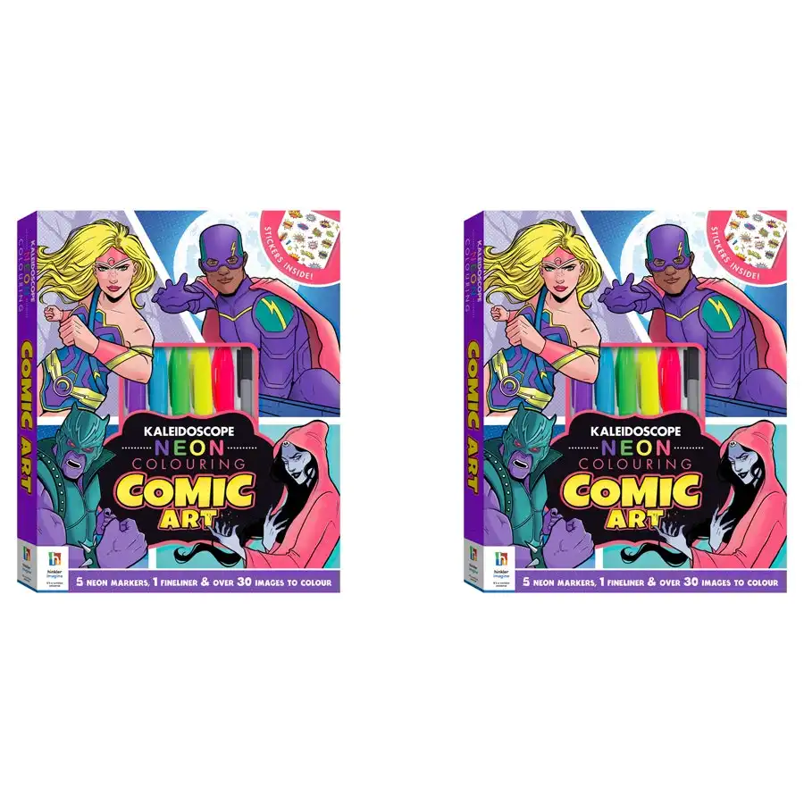 2x Kaleidoscope Neon Colouring Kit: Comic Art Colouring Activity Kit Book 6y+