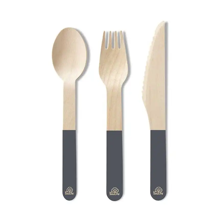 96pc Eco Soulife Disposable/Compostable Wooden Spoon/Fork/Knife Cutlery Set Grey
