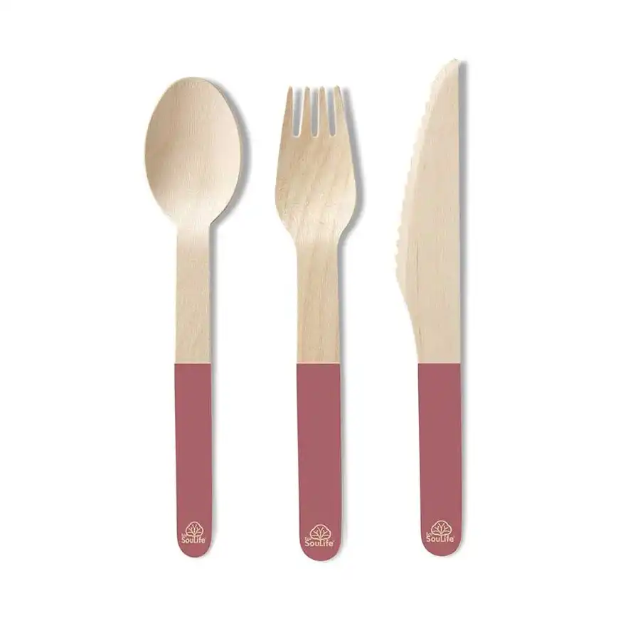 96pc Eco Soulife Disposable/Compostable Wooden Spoon/Fork/Knife Cutlery Set Red