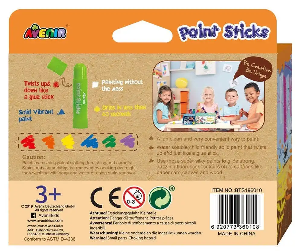 Avenir Paint Sticks 6 Colours Creative Art/Craft Kids/Toddler Activity Kit 3y+