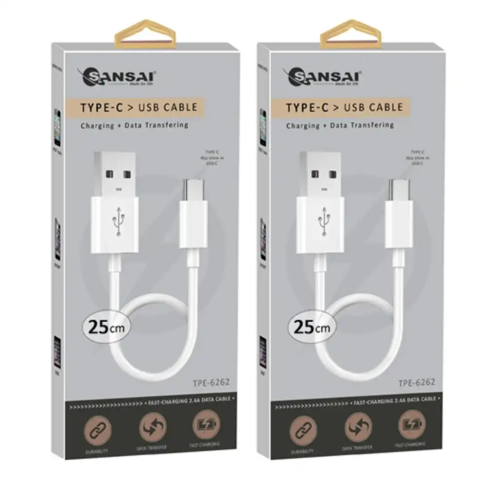 2x Sansai Type-C To USB-A Male Mobile/Phone Charging Data Sync Cable 25cm White