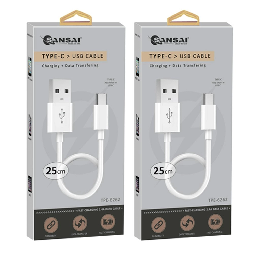 2x Sansai Type-C To USB-A Male Mobile/Phone Charging Data Sync Cable 25cm White