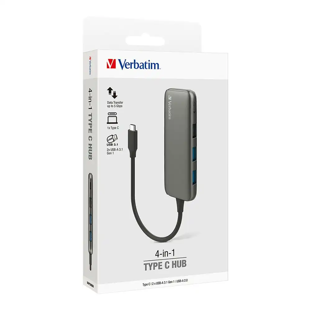 Verbatim USB-C to USB 3.1/2.0/Type C Hub Port Adapter For Laptop/Computer Grey