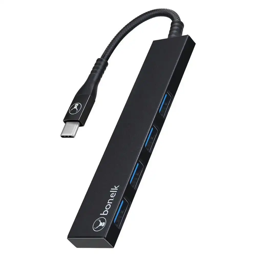 Bonelk Long-Life USB-C to 4-Port USB 3.0 Slim Hub Port 5Gbps For Laptop/PC Black