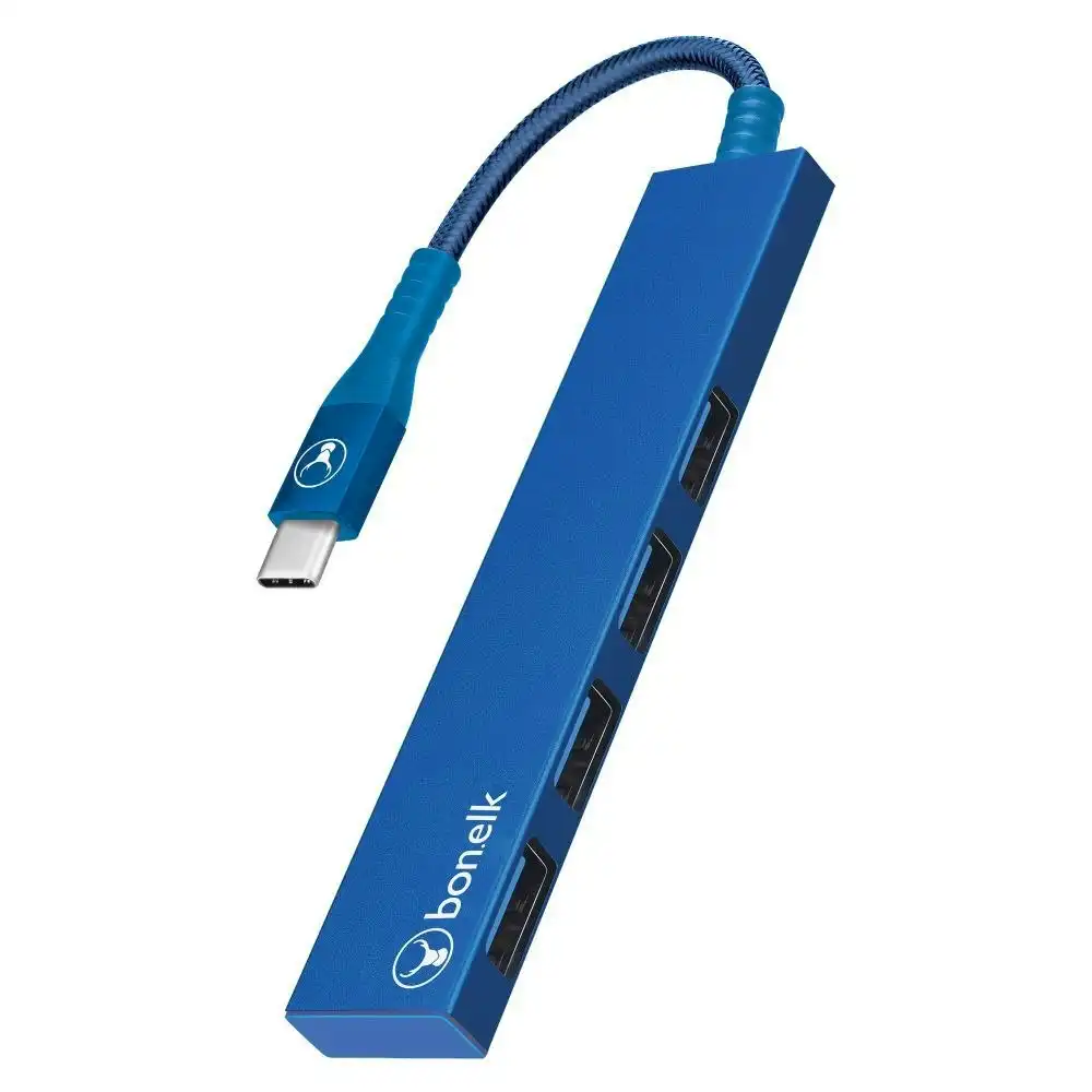 Bonelk Long-Life USB-C to 4-Port USB 3.0 Slim Hub Port 5Gbps For Laptop/PC Blue