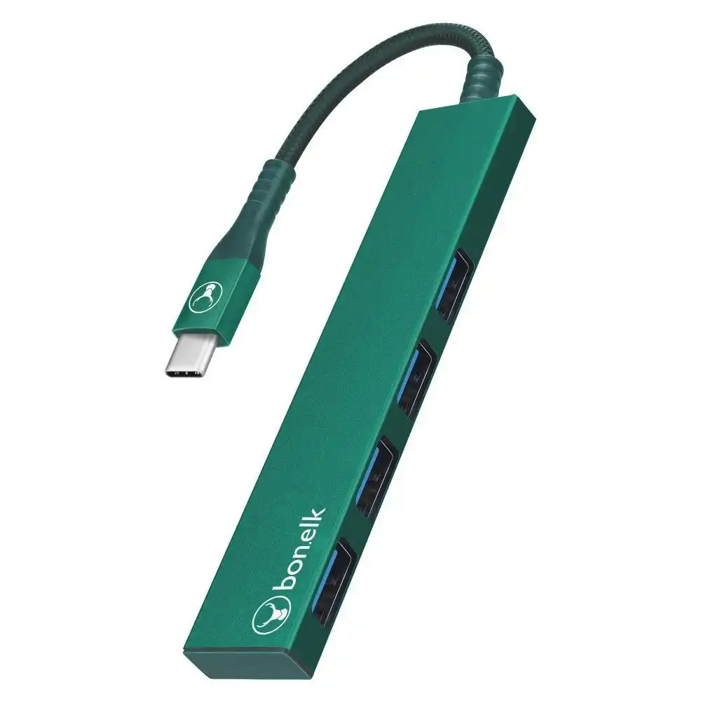 Bonelk Long-Life USB-C to 4-Port USB 3.0 Slim Hub Port 5Gbps For Laptop/PC Green