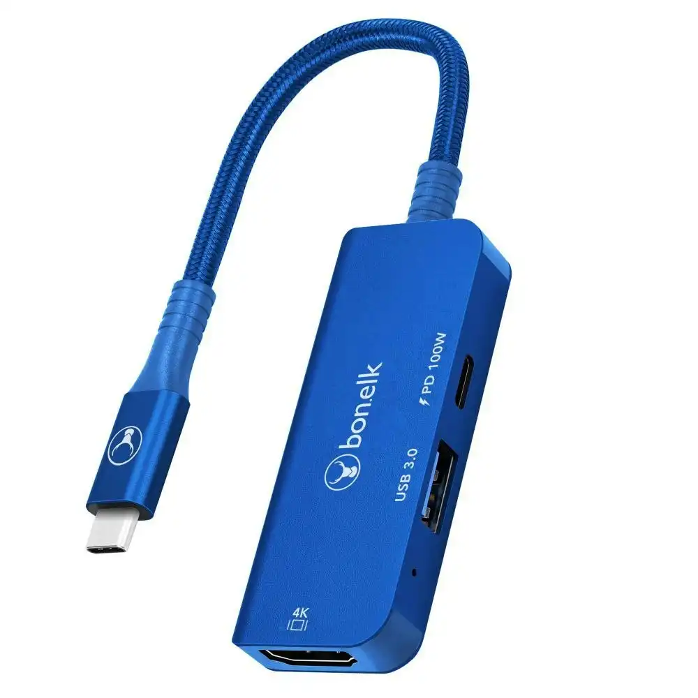 Bonelk Long-Life 3in1 USB-C M to F HDMI/USB MultiPort Hub For PC/Laptop Blue