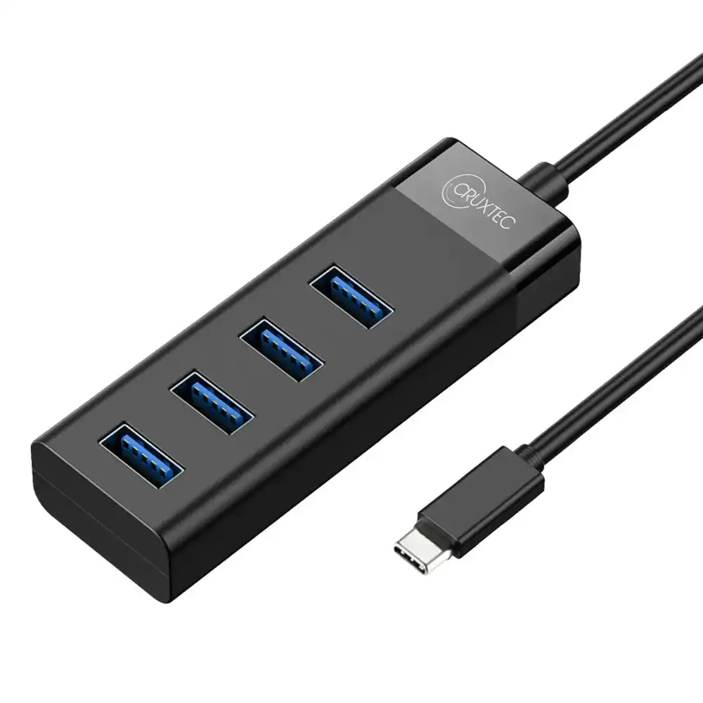 Cruxtec CU3-H4-BK 4 Port High Speed USB-C 3.0 Hub 5V Flexible 15cm Cable Black
