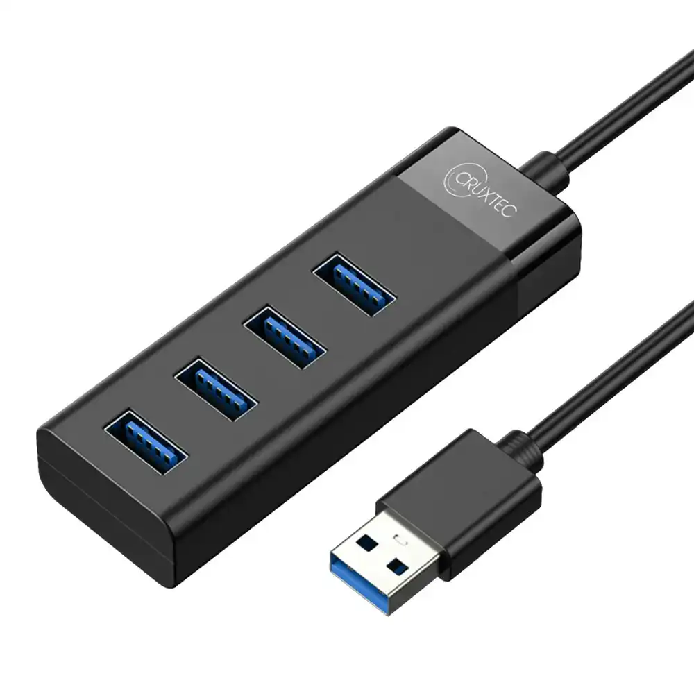 Cruxtec UU3-H4-BK 4 Port High Speed USB-A 3.0 Hub 5V Flexible 15cm Cable Black