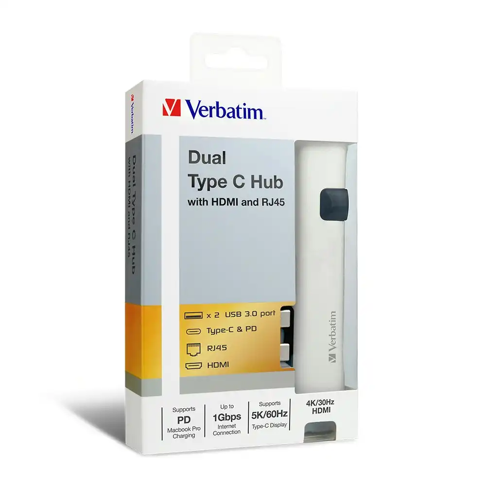 Verbatim Dual USB-C to HDMI/RJ45 Ethernet/USB 3.0 Hub Adapter For Laptop Silver