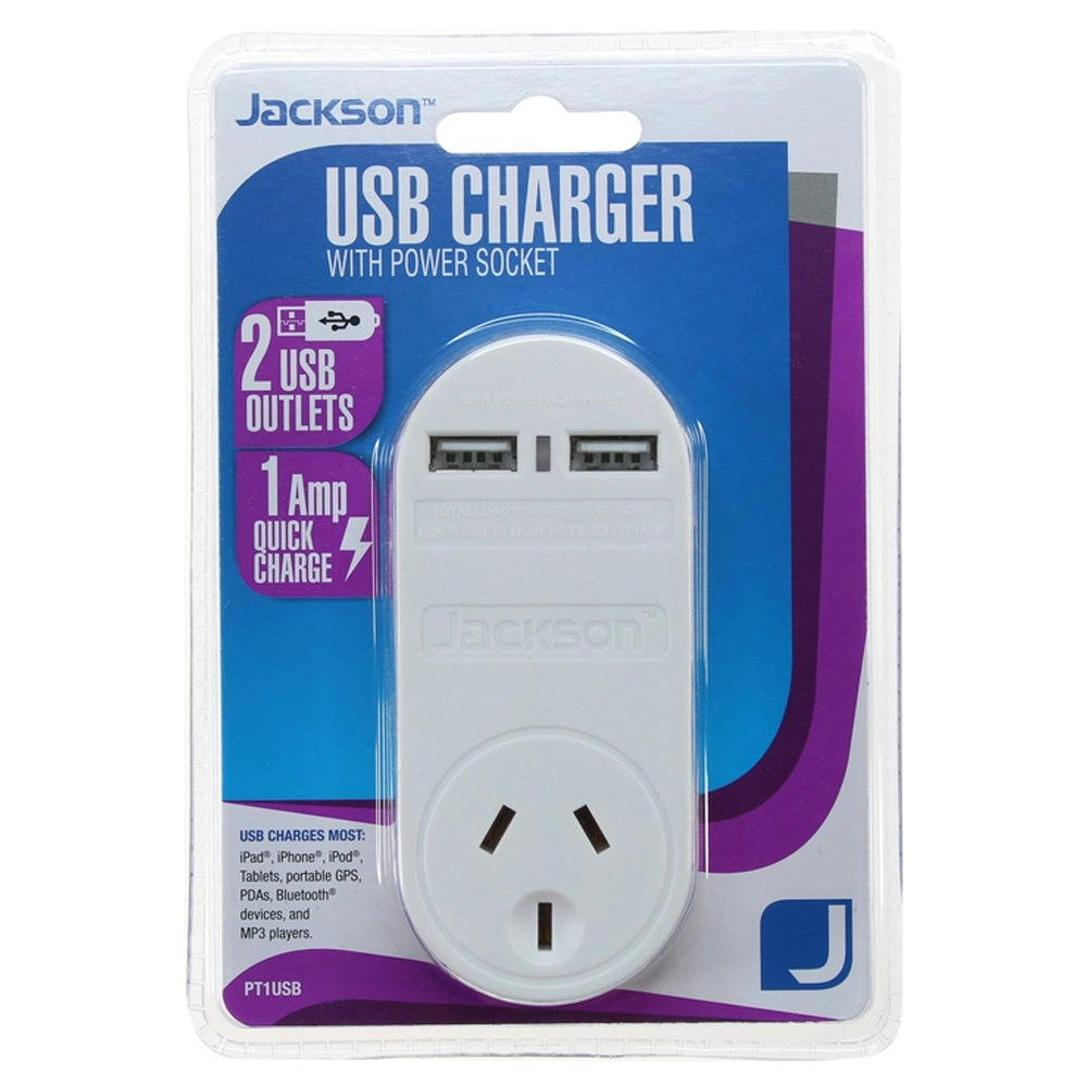 Jackson 1 Amp Dual USB Charger Outlets with Power Socket for Indoor Home/Office