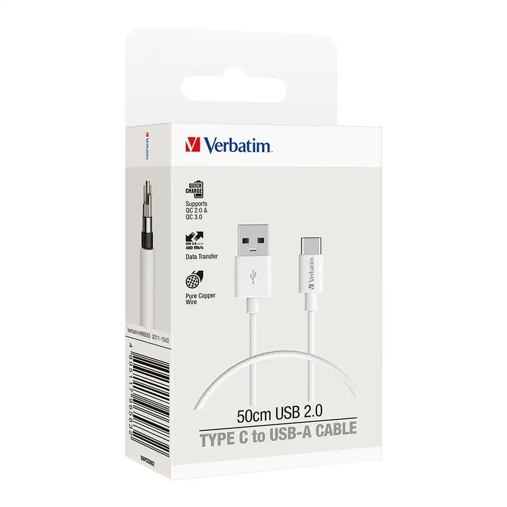 Verbatim Charge & Sync USB to USB-C Soft Touch Rubber Durable Cable 50cm - White