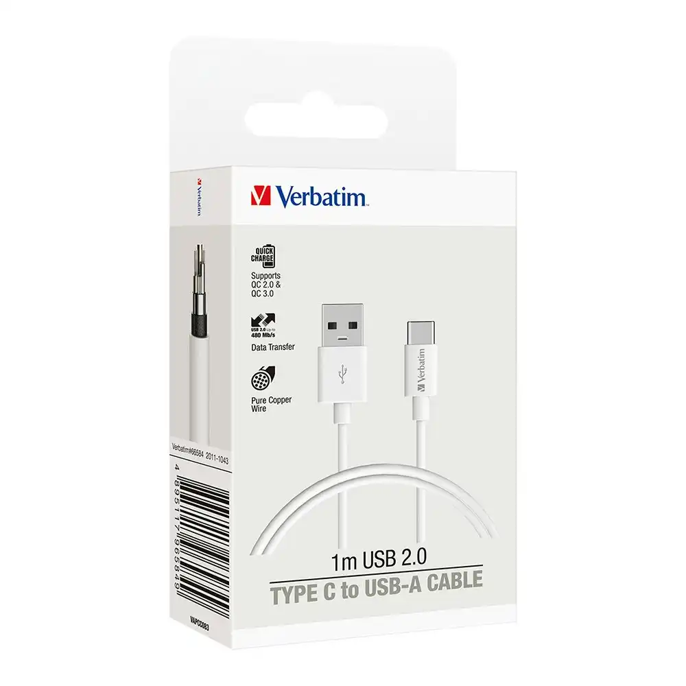 Verbatim Charge & Sync USB to USB-C Soft Touch Rubber Durable Cable 1m - White